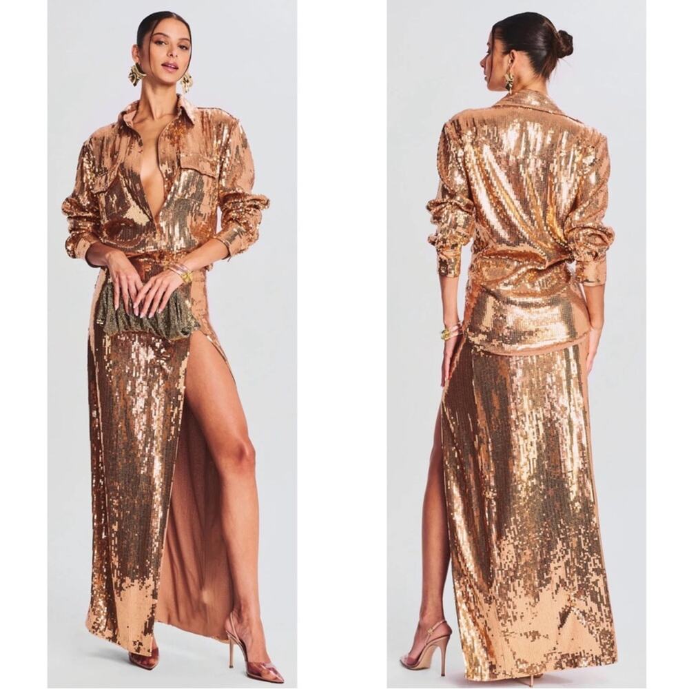 RETROFETE Carlotta Savannah Sequin Embellished Long Sleeve Maxi Skirt Set XS/S